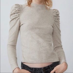 Zara Sweaters Zara Puff Sleeve Pearl Embezzled Sweater